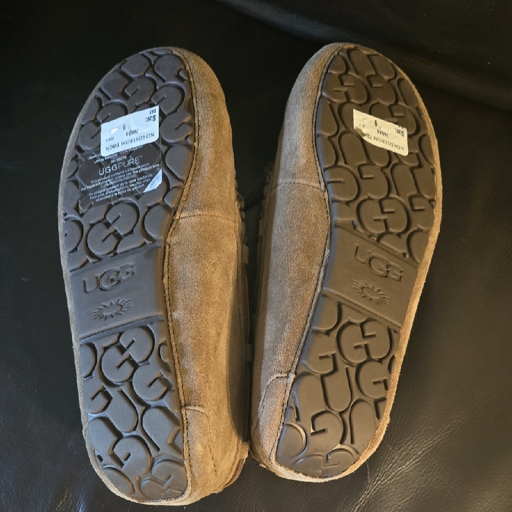 UGG Chestnut Suede Moccasin Slippers with Cream Shearling - Picture 3 of 4